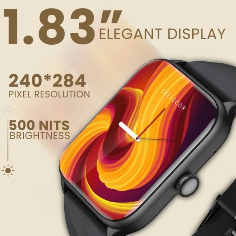 Cellecor STEW 1.83" BT Calling, 500 NITS, Al Voice Assistant, SPo2, HR, Split Screen Smartwatch (Black Strap, Free Size)